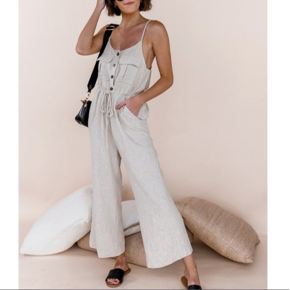 NWOT Promesa Linen Oatmeal Natural Light Beige Jumpsuit Tank Buttons - Picture 2 of 15